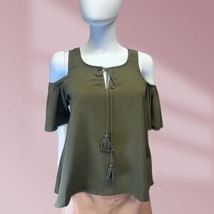 Guess Women's Olive Green Cold Shoulder Tie Front Flowy Top Blouse Size Small